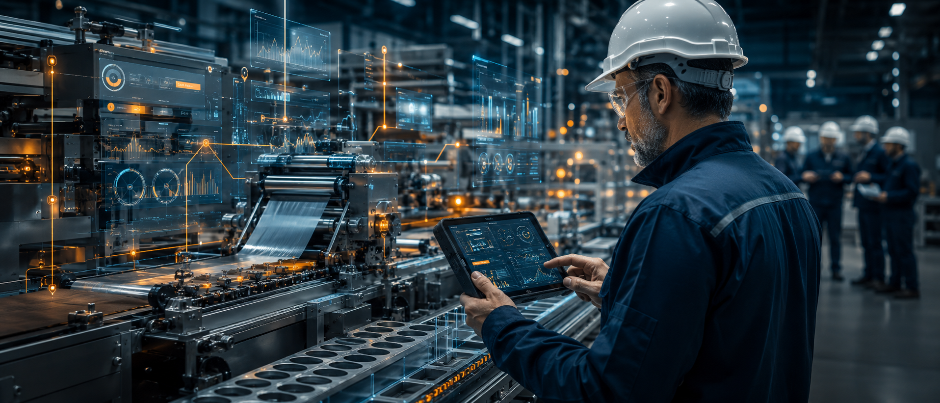Operação industrial com equipamentos e fluxo de processo