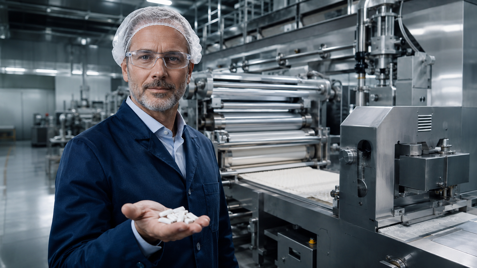 Especialista técnico segurando amostras de goma em ambiente industrial
