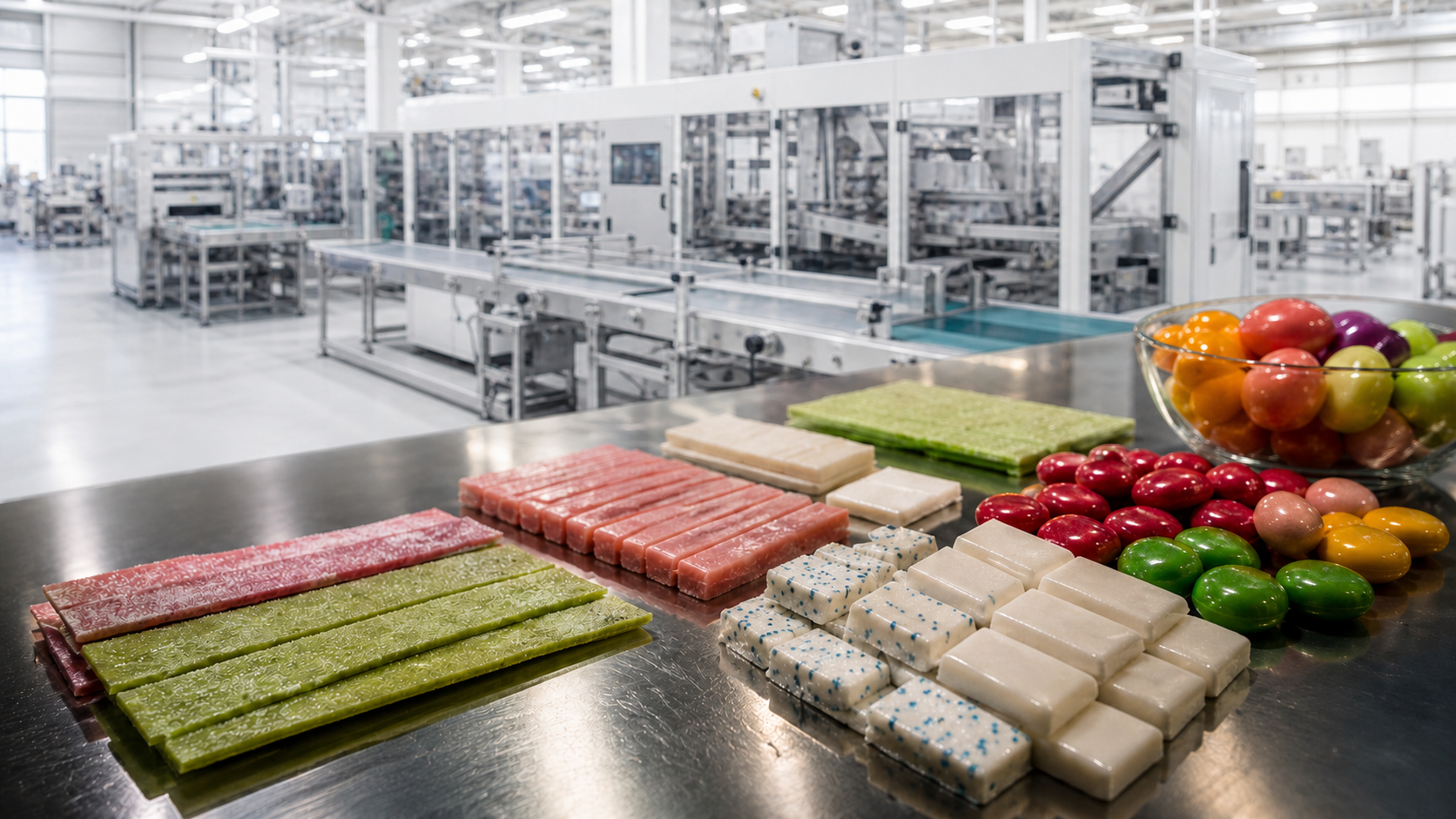 Gomas, tabletes e lâminas de produto sobre bancada técnica em linha industrial